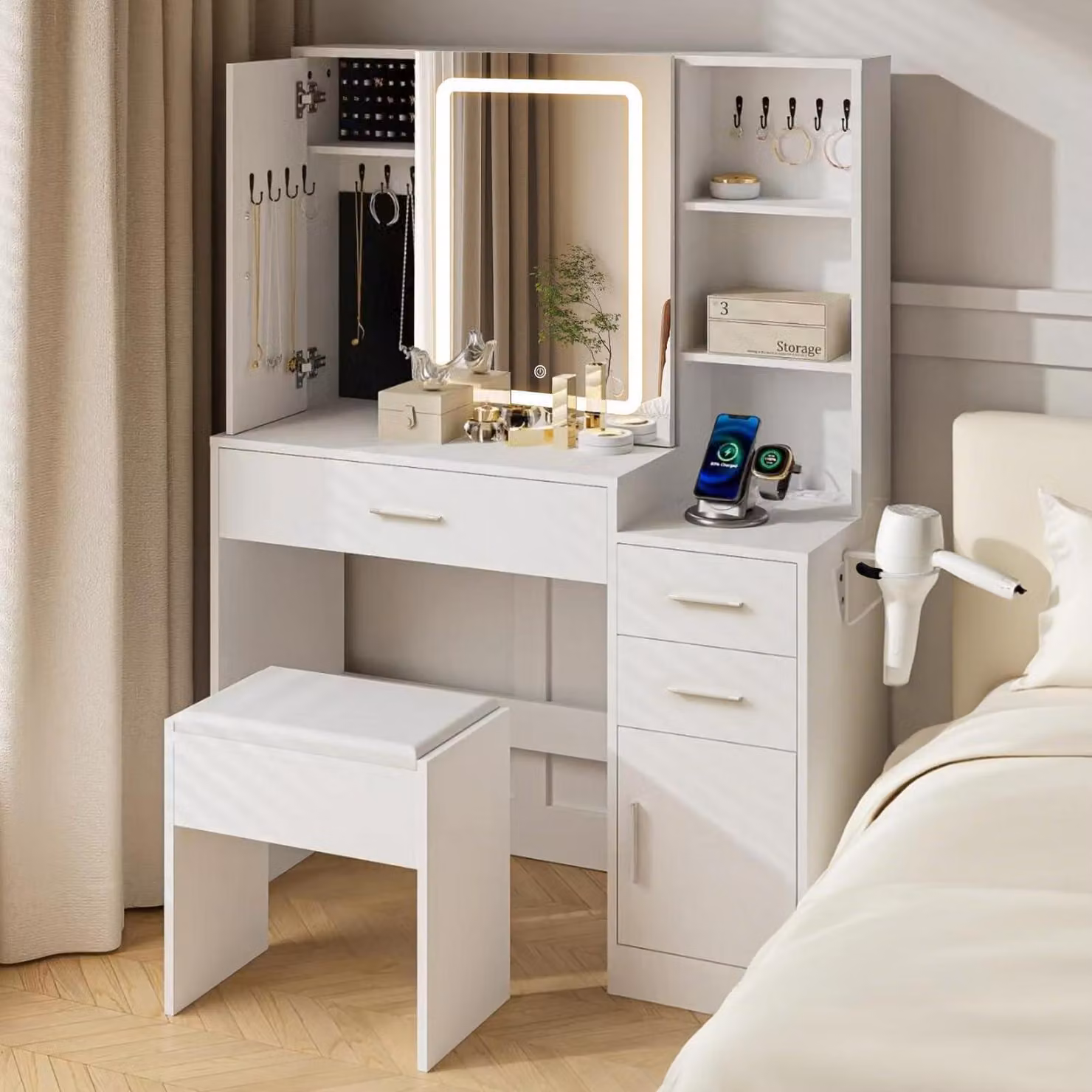 Comò da trucco con specchio, illuminazione a LED, presa di corrente e sgabello, dimensioni 100x40x137 cm