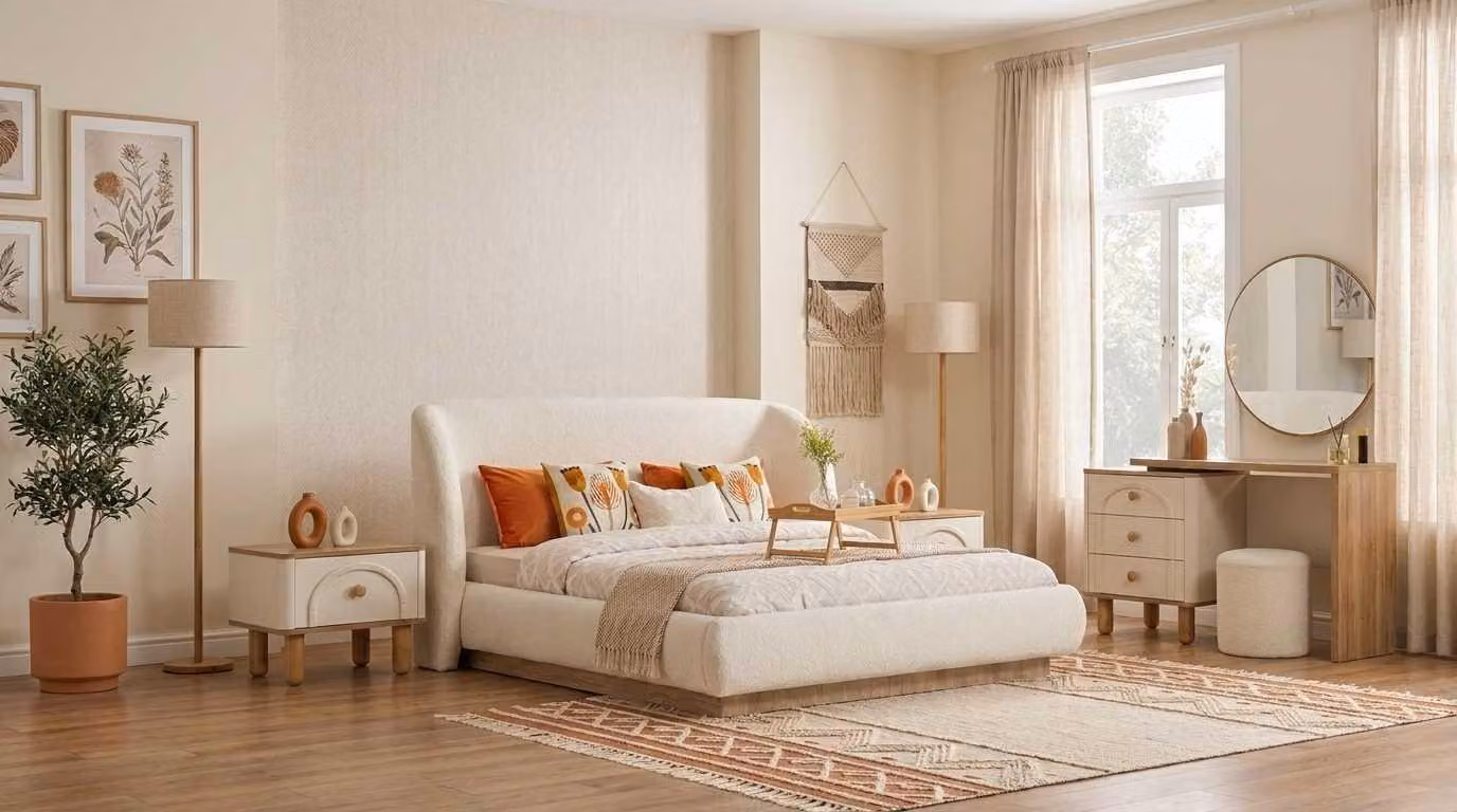 Set per camera da letto beige, moderno e composto da: letto, 2 comodini e una toeletta