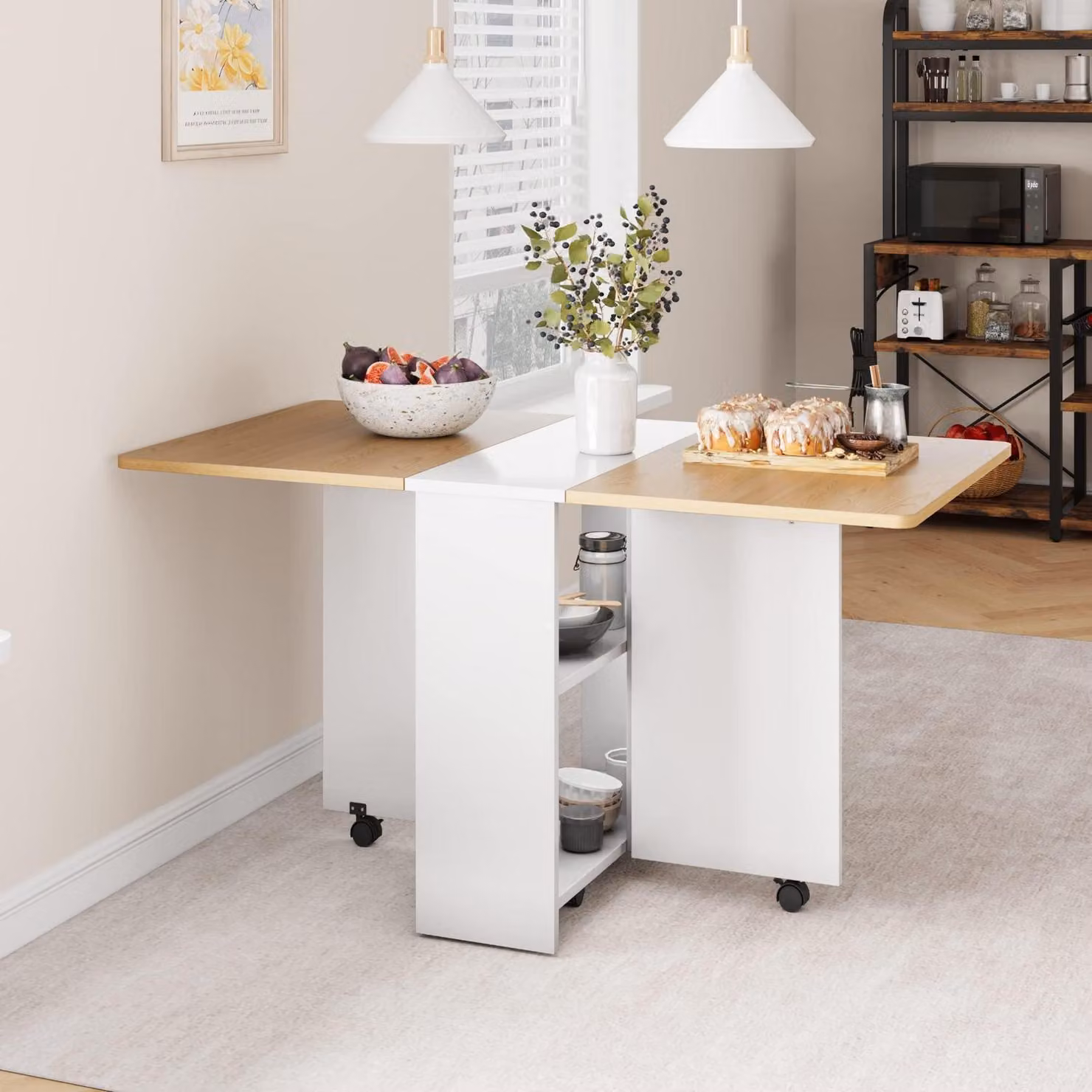 Tavolo pieghevole da pranzo con rotelle e 2 ripiani, dimensioni 120x60x75 cm, colore bianco e finitura in legno naturale