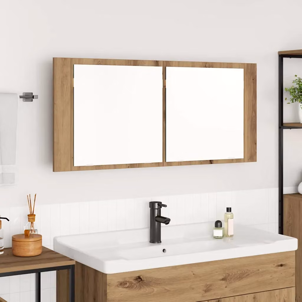 Armadio da bagno con specchio e illuminazione LED vidaXL in rovere marrone, L 100 x P 12 x H 45 cm