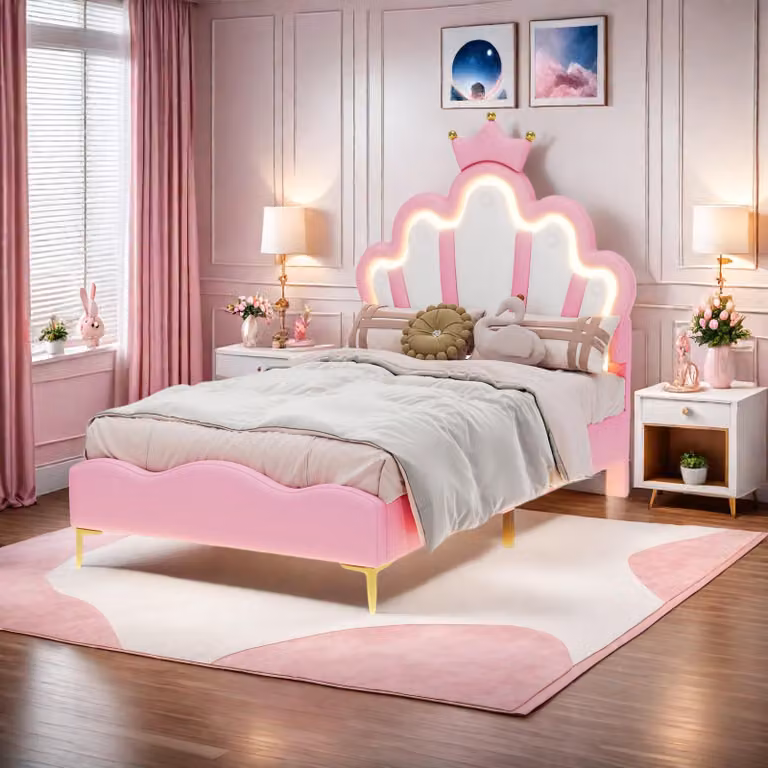 Letto imbottito Fortuna Lai 90x200cm, letto matrimoniale per bambini con testata a forma di , letto per ragazzi letto in legno con rete a doghe, PU, rosa