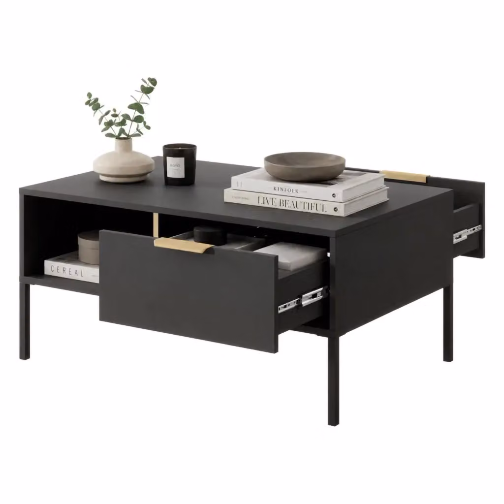 Tavolino da salotto Karo DMORA con 2 cassetti, colore nero antracite e oro, L: 97 cm, P: 60 cm, H: 44 cm – 2