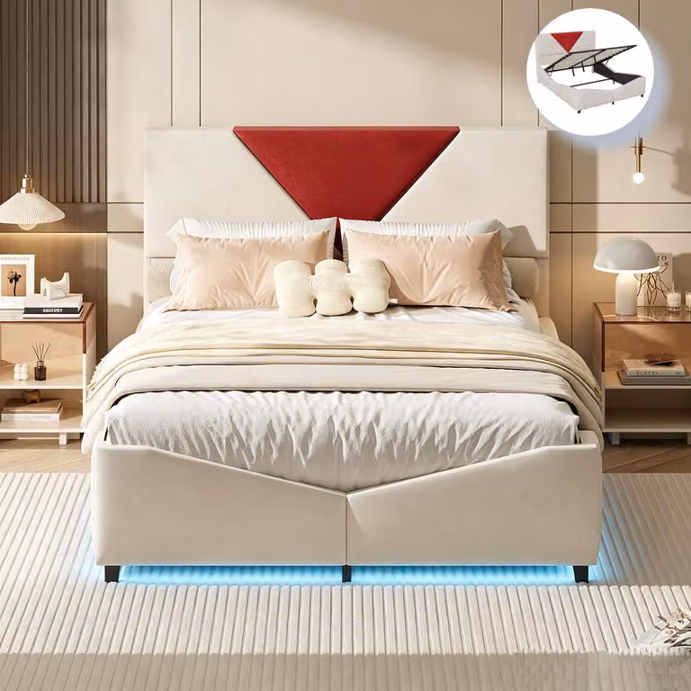 Letto con rete a molle INONEFT, 140x190 cm, letto imbottito con spazio contenitore ad apertura idraulica, letto matrimoniale per ragazzi con illuminazione a LED, disponibile in lino, velluto, beige/rosso