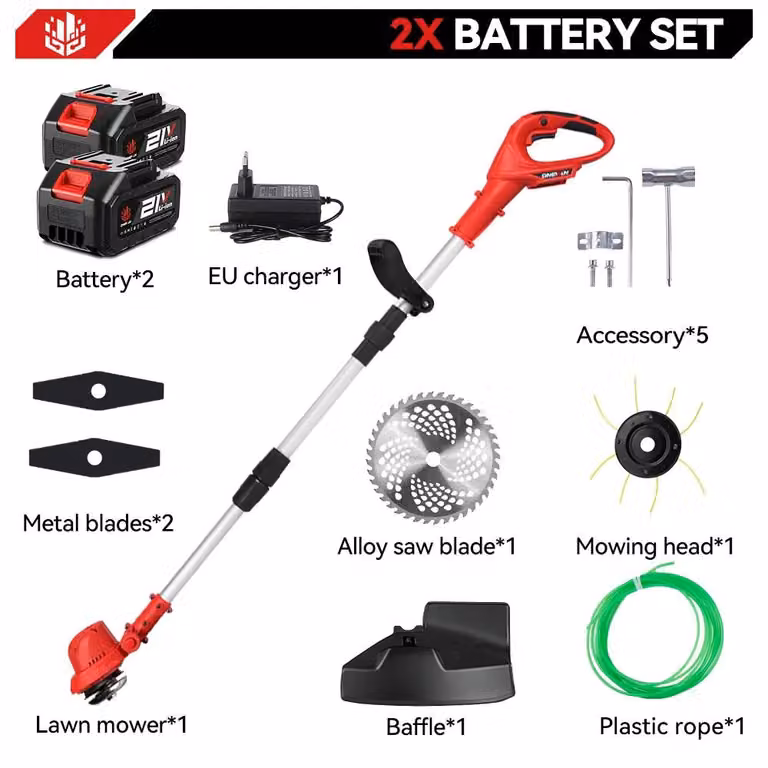 Tagliaerba senza fili - Rasaerba a batteria - Motore brushless - 36.000 giri al minuto - Larghezza di taglio di 25 cm - Senza fili - Pieghevole - 2 batterie
