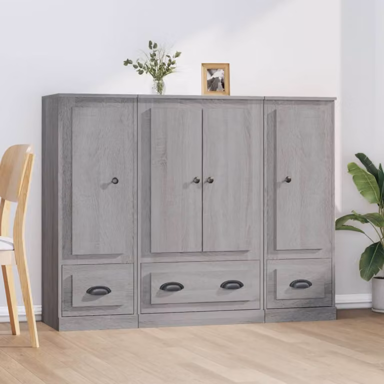 Set di 3 credenze vidaXL in legno multistrato, colore grigio Sonoma, stile minimalista
