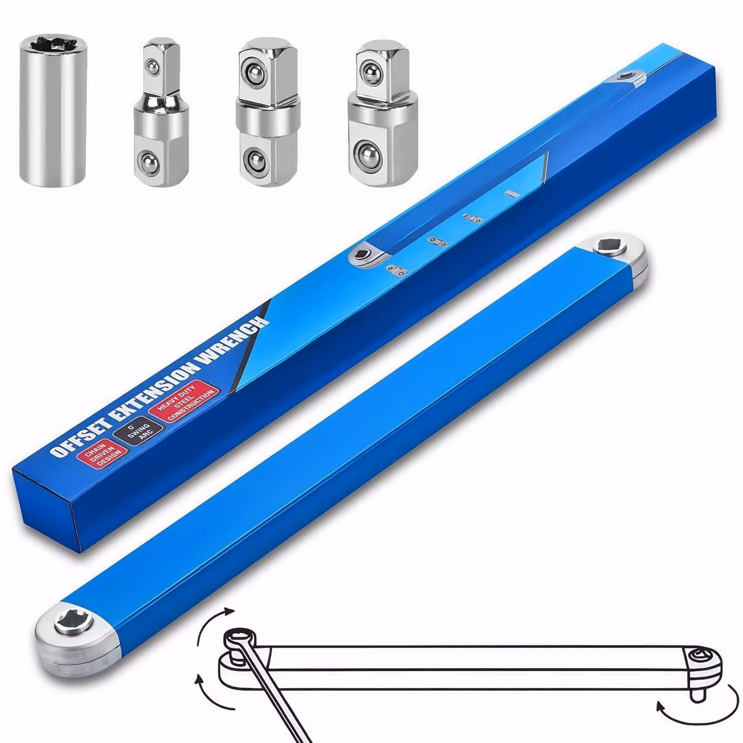 Set di chiavi a bussola Prolunga snodata - Prolunga a cricchetto 39 cm - Adattatori 1/4, 3/8 e 1/2 pollici - Acciaio al carbonio - Max 71,2 Nm