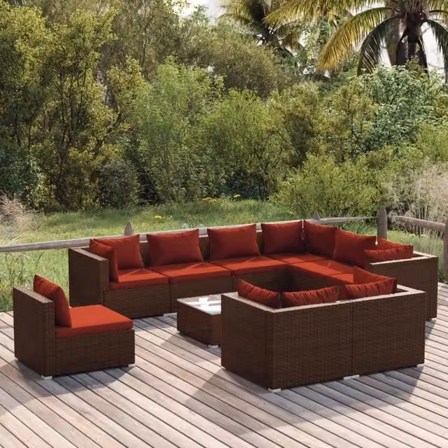 Set da giardino moderno vidaXL composto da 10 pezzi con divani a L, elementi angolari, tavolino da caffè e cuscini in tessuto marroni e rossi con struttura in metallo e rattan – 1