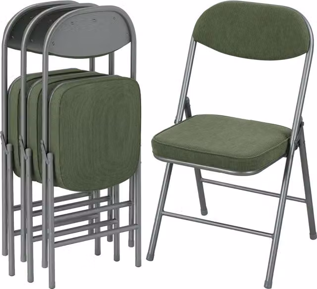 Set di 4 sedie pieghevoli HOMCOM in velluto a coste verde con seduta e schienale imbottiti, L: 45 cm, P: 48.5 cm, H: 82 cm