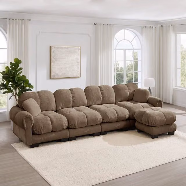 Divano modulare angolare 330x149x90 cm con pouf mobile in ciniglia marrone