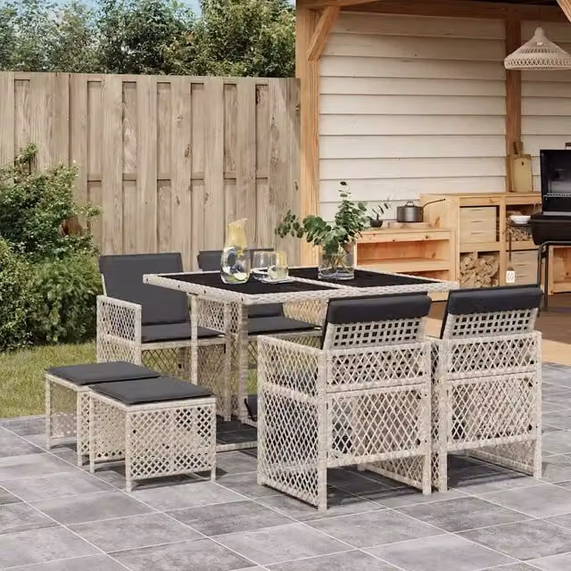 Set Pranzo da Giardino 9pz con Cuscini Grigio Chiaro Polyrattan 3210779