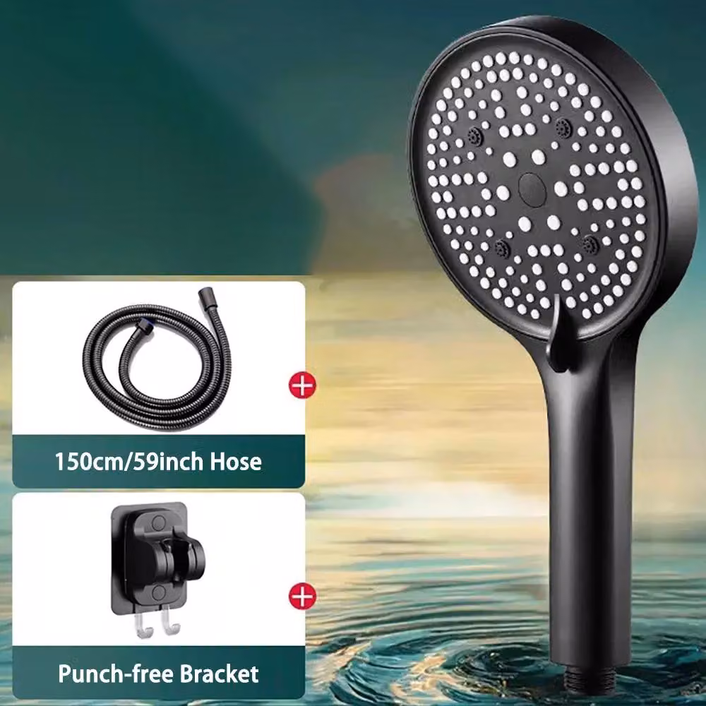 Set doccia - Soffione doccia ad alta pressione - Doccetta manuale - Diametro circa 12,5 cm - 6 tipi di getto - Risparmio idrico - Plastica - Nero