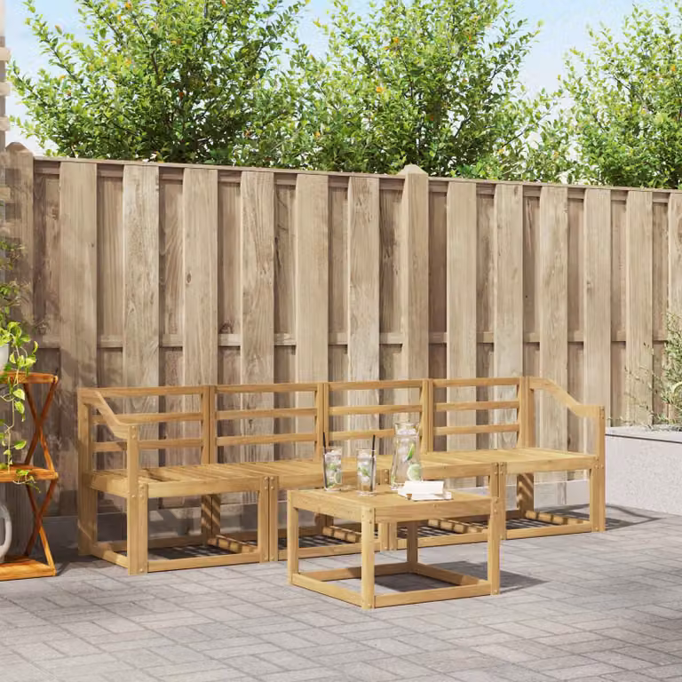 Set di divani da esterno vidaXL 5 pezzi in legno di acacia massello con cuscini bianchi e marroni per giardino e terrazza