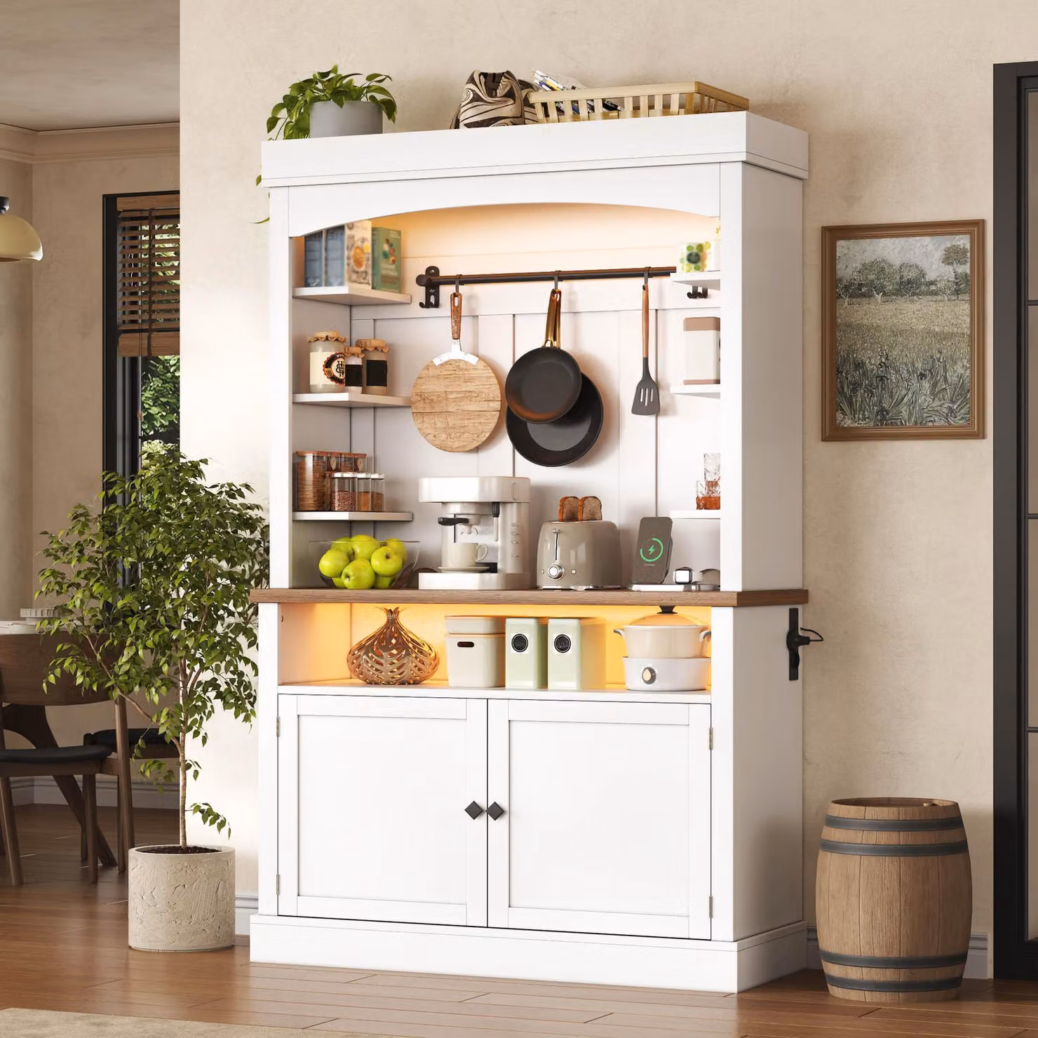 Armadio da cucina con illuminazione a LED e presa di corrente, mobiletto dispensa con ganci, adatto per cucina e sala da pranzo, mobile vetrina 106x43x183 cm, bianco