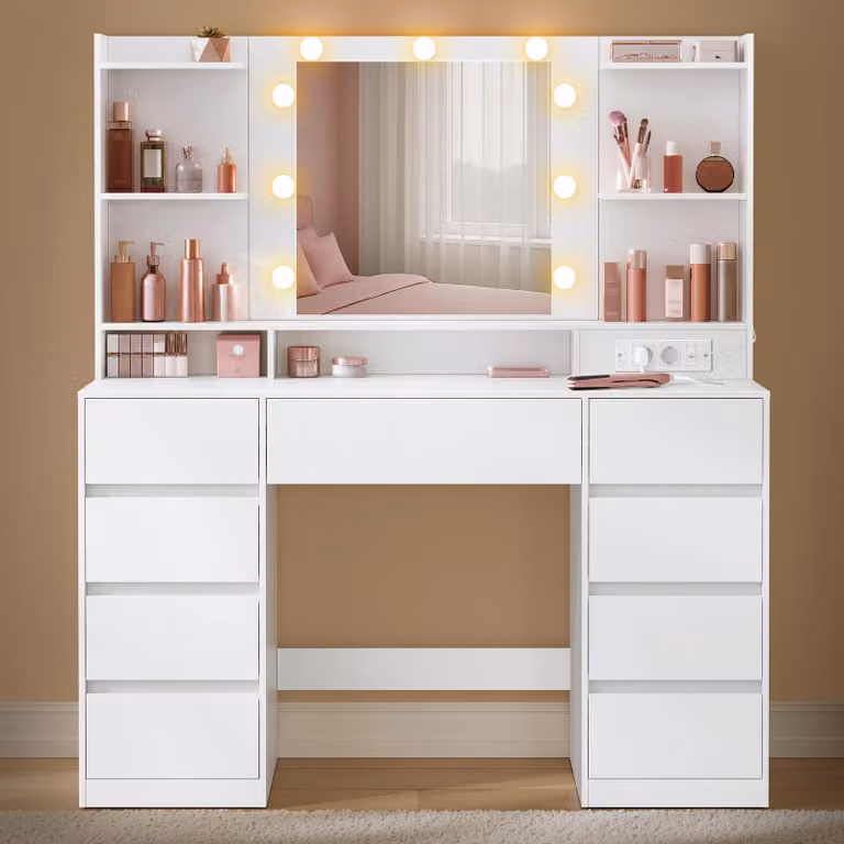 VASAGLE Tavolo da trucco con presa multipla, 9 lampadine dimmerabili, 3 colori di luce, guide scorrevoli senza attrezzi