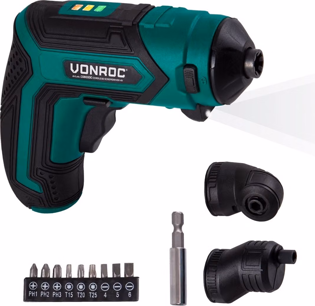 Avvitatore a batteria Vonroc - 4 V, con portabit magnetico, attacco eccentrico