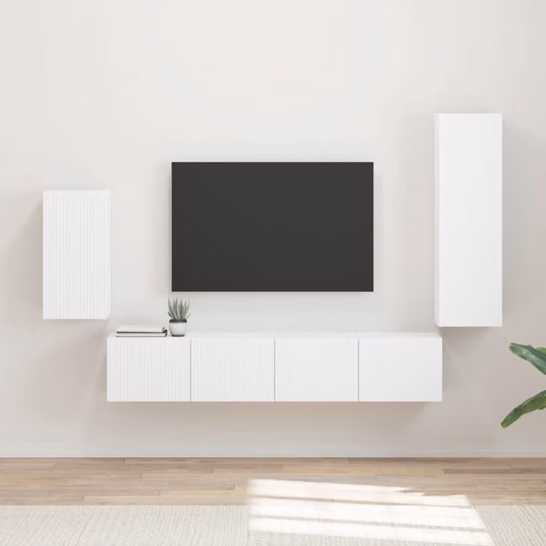 Set mobile TV moderno vidaXL da 4 pezzi, Bianco, montaggio a parete