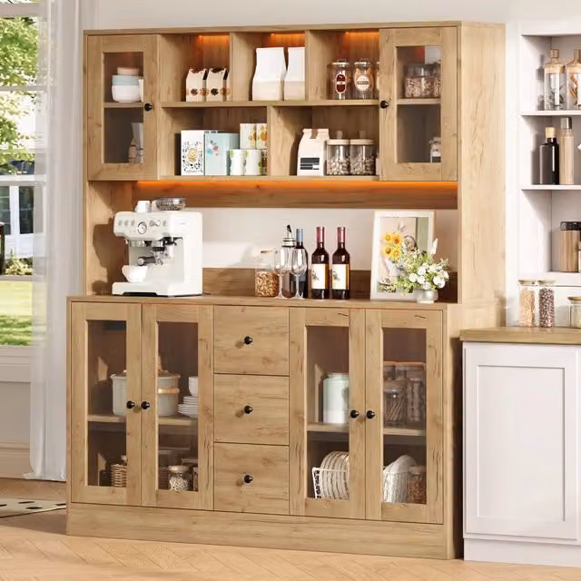 Armadio da cucina alto 150x40x173 cm, dispensa con 6 ante in acrilico, 3 cassetti, illuminazione LED e prese, per soggiorno e sala da pranzo