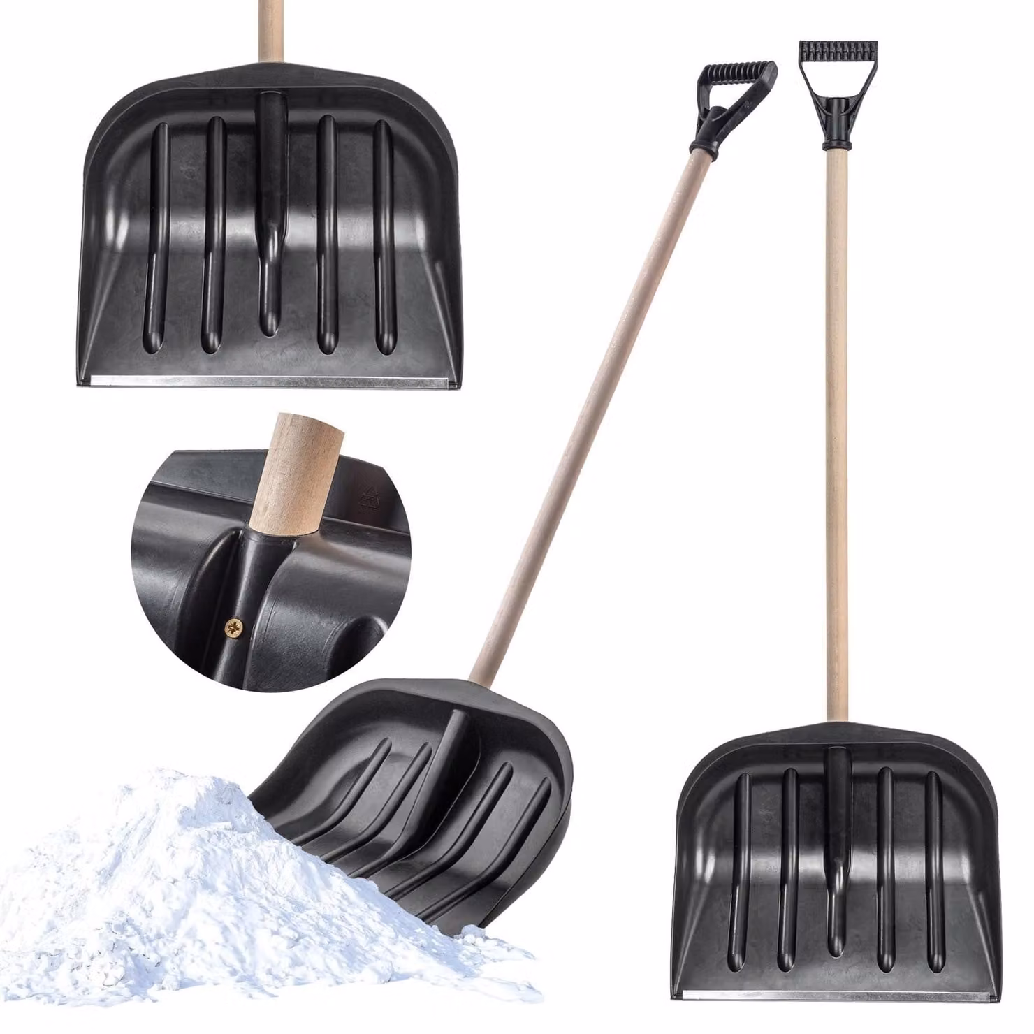 Pala da neve - Plastica - 45 cm - Manico in legno - Nero