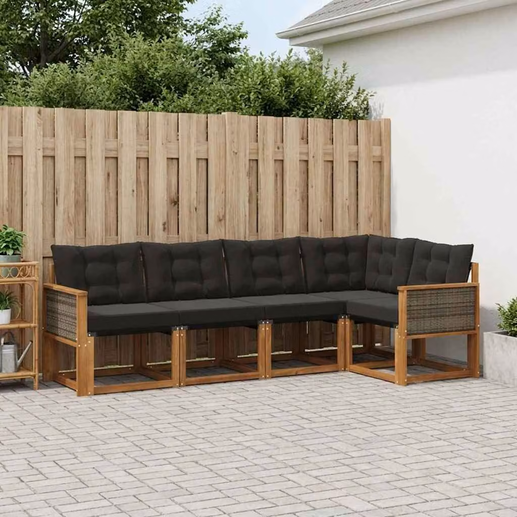 Set di divani da esterno vidaXL a forma di L composto da 5 pezzi in legno di acacia e tessuto textilene, colore marrone e nero
