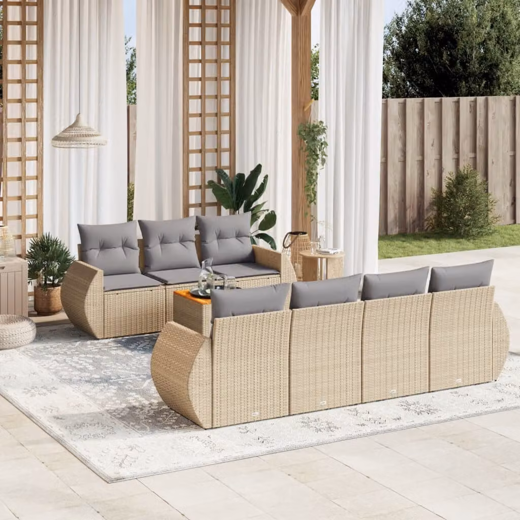 vidaXL Set Divano da Giardino 8 pz in Polyrattan con Cuscini Beige e Tavolino da Caffè – 1