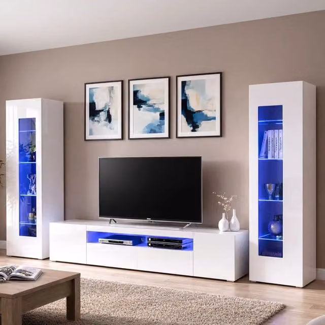 Parete attrezzata da soggiorno DMORA moderna in bianco lucido con luce LED blu L: 300 cm, P: 40 cm, H: 162 cm – 1