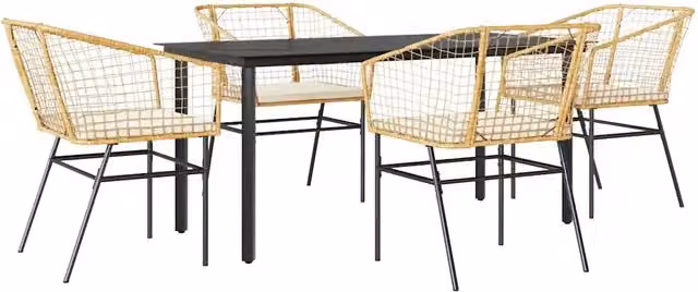 Set da Pranzo da Giardino 5 Pezzi in Polyrattan con Tavolo in Vetro e Cuscini per Terrazza o Giardino