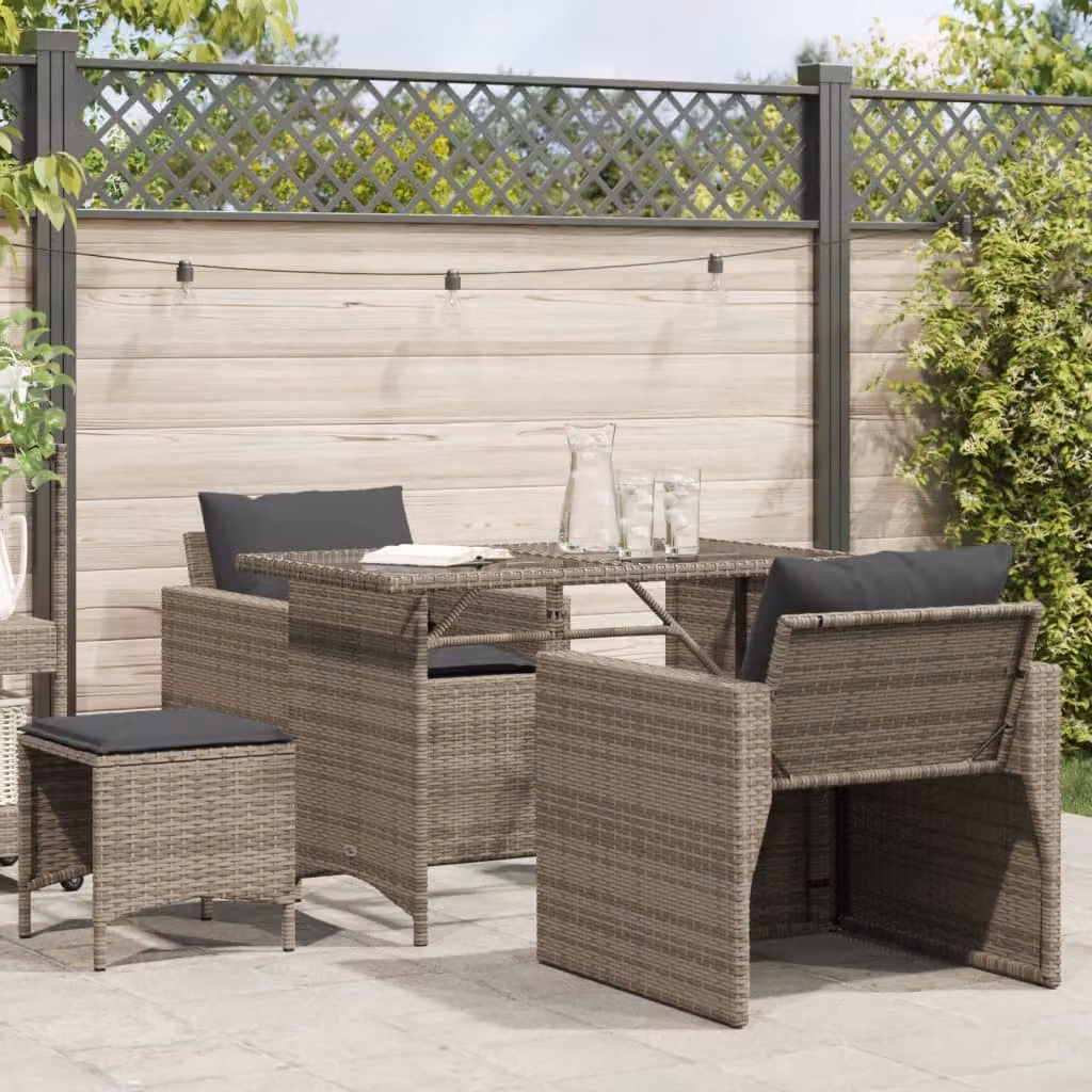 Set da giardino vidaXL composto da 4 pezzi con poltrona lounge e pouf in rattan grigio e struttura in acciaio verniciato a polvere con cuscini imbottiti e rivestimenti rimovibili