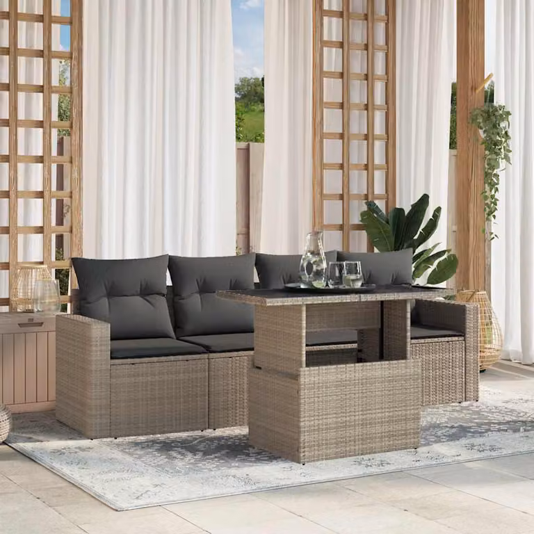 Set Divano da Giardino vidaXL 5 Pezzi con Tavolino e Cuscini Antracite e Grigio in Polyrattan e Acciaio