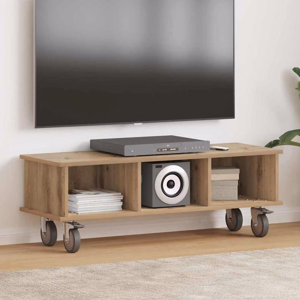 Supporto TV moderno vidaXL in legno color rovere con ruote L 100 cm x P 35 cm x H 35 cm
