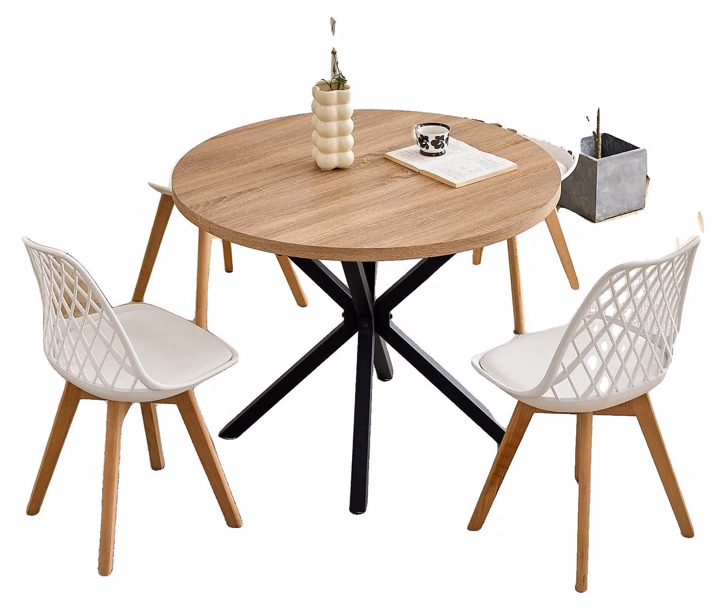 Set da pranzo, 4 sedie, tavolo rotondo, set bianco