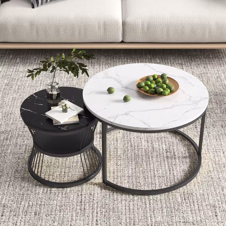Set di 2 tavolini moderni rotondi con struttura in marmo per soggiorni,di rappresentanza, balconi e uffici - Struttura in metallo (bianco e nero, 70 x 70 x 45,5 cm)