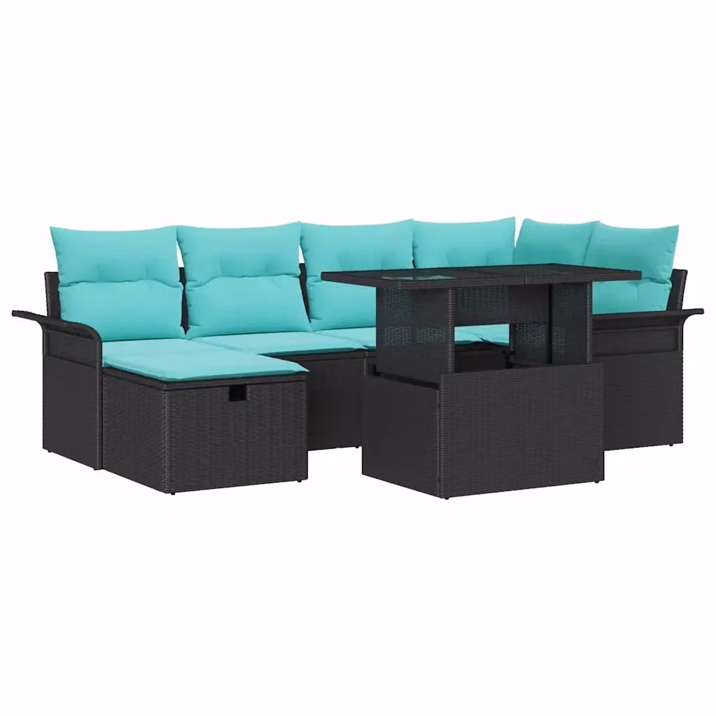 Set da giardino moderno vidaXL composto da 7 pezzi con sedute in rattan e cuscini color turchese e nero – 2