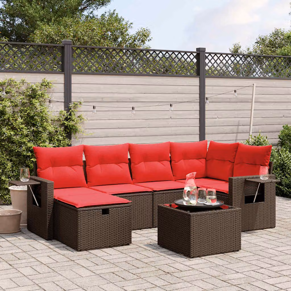 Set Divani da Giardino vidaXL 7 Pezzi in Polyrattan Marrone con Cuscini e Tavolino