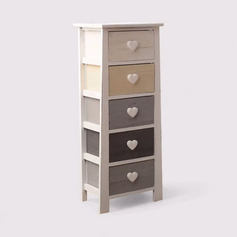 Lilla - Cassettiera stile shabby con pomelli a cuore e 5 cassetti