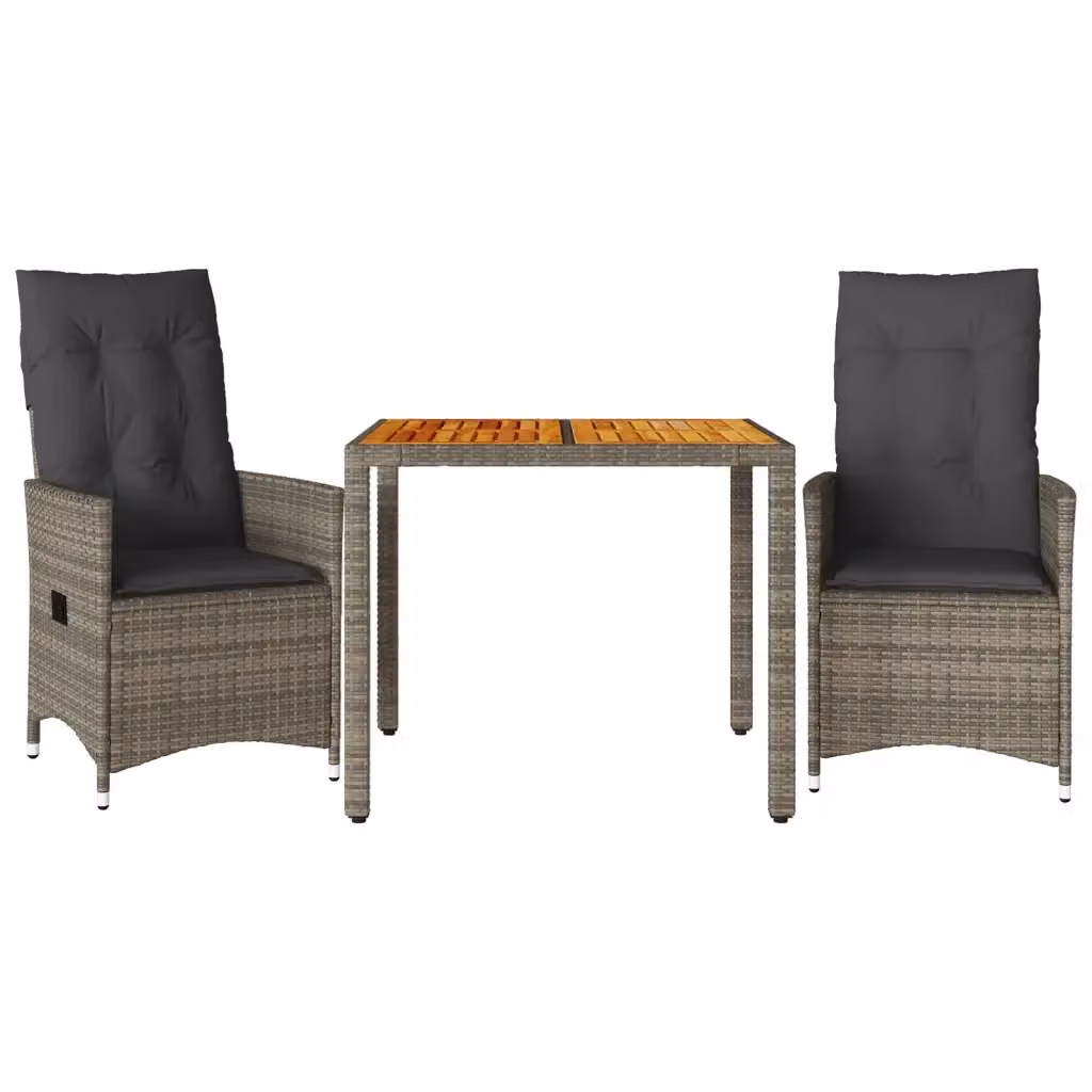 Set da Bistrò 3 pz vidaXL in Polyrattan e Legno di Acacia con Cuscini Grigio – 2
