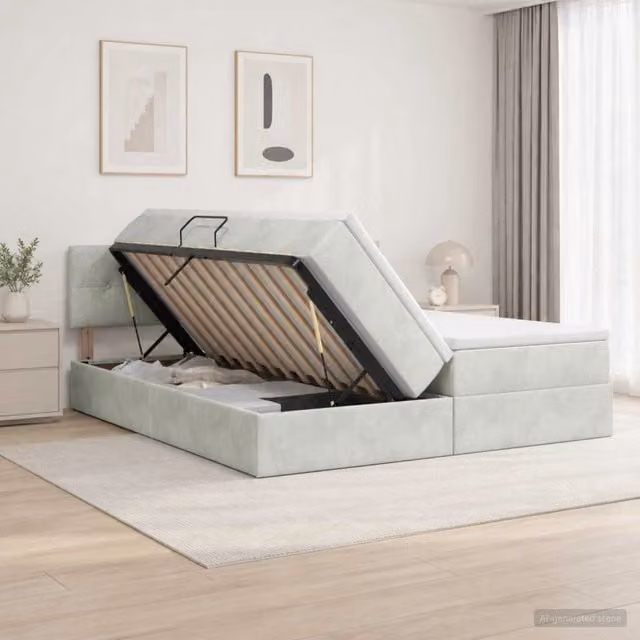 Letto con contenitore e materasso vidaXL in tessuto grigio con illuminazione LED e porte USB L/P/H: 200 x 140 x 204 cm