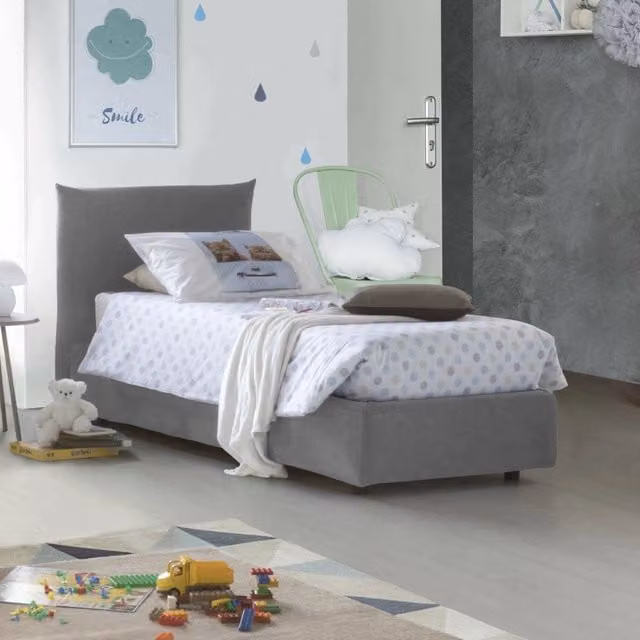 Letto singolo contenitore Ippolito di Talamo Italia con rivestimento in tessuto grigio, apertura frontale, adatto per materasso 80x190 cm – 1