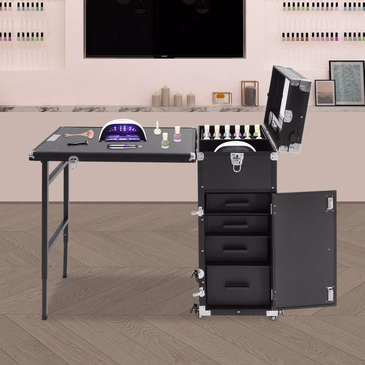 Valigetta da trucco portatile con piano di lavoro pieghevole, scomparti di stoccaggio, specchi e altoparlanti Bluetooth