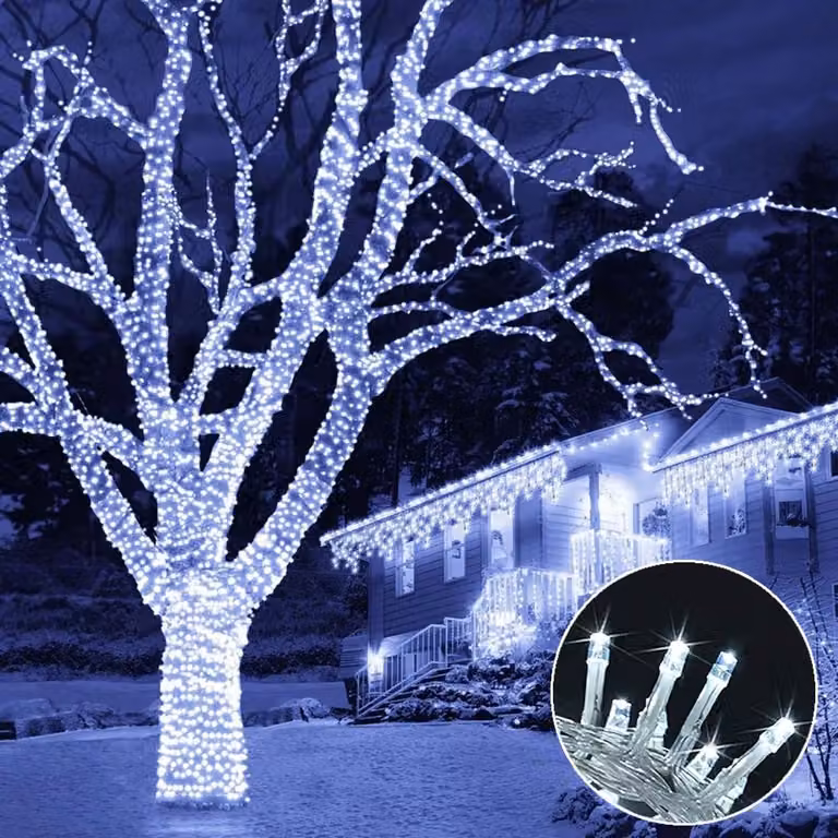 Luci LED da fata 100M 800 LED per interni, luci bianche fredde per albero di Natale 8 modalità, decorazione natalizia per l'albero di Natale, giardino della festa