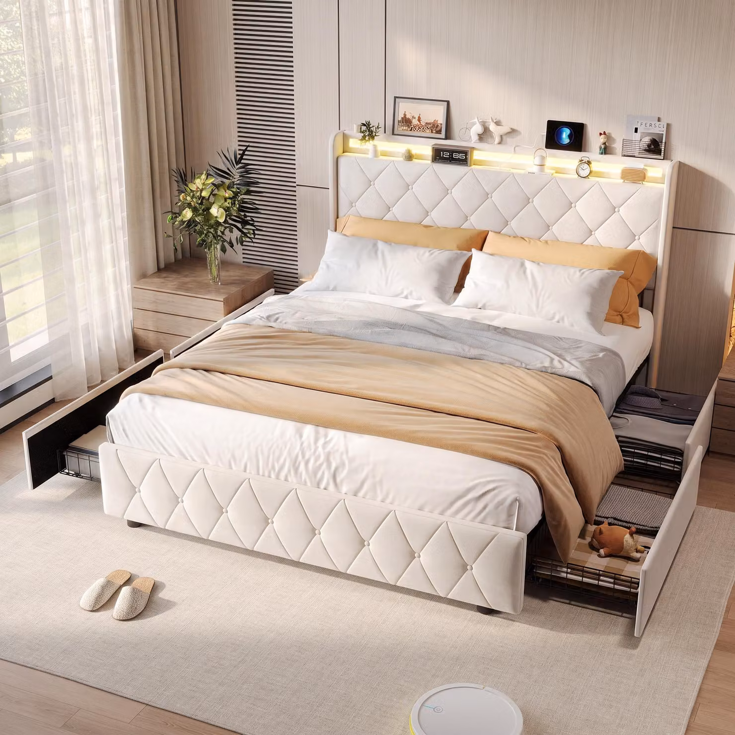 Letto imbottito INONEFT 140x200 cm con LED e USB, letto con 4 cassetti, struttura letto matrimoniale con rete a doghe, letto contenitore, letto per ragazzi, velluto, beige