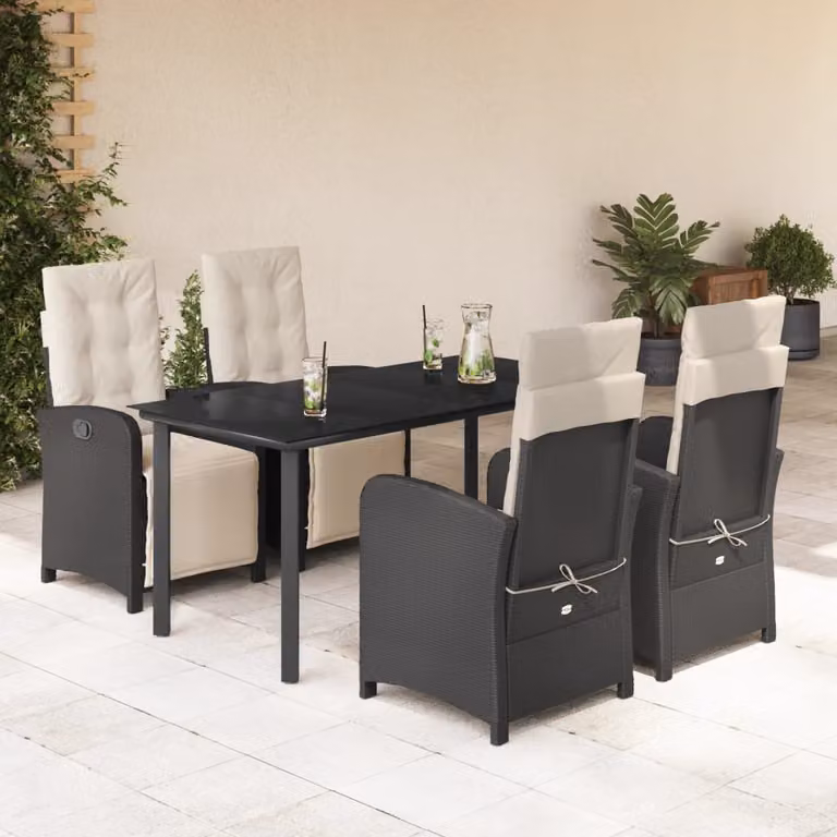 Set da Pranzo da Giardino vidaXL 5 pz in Polyrattan Nero con Piano in Vetro e Cuscini