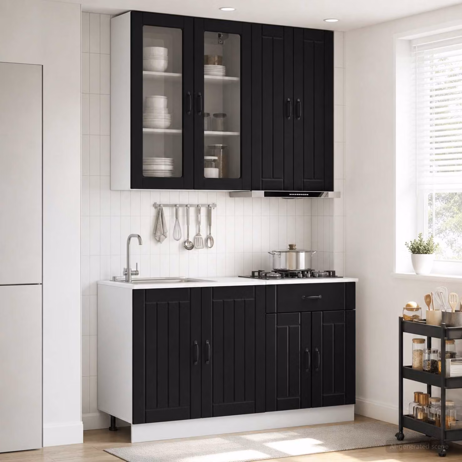 Set di 4 unità cucina moderne vidaXL LUCCA in nero con ante in vetro e ripiani aperti, L/P/H: 100 x 46 x 80 cm