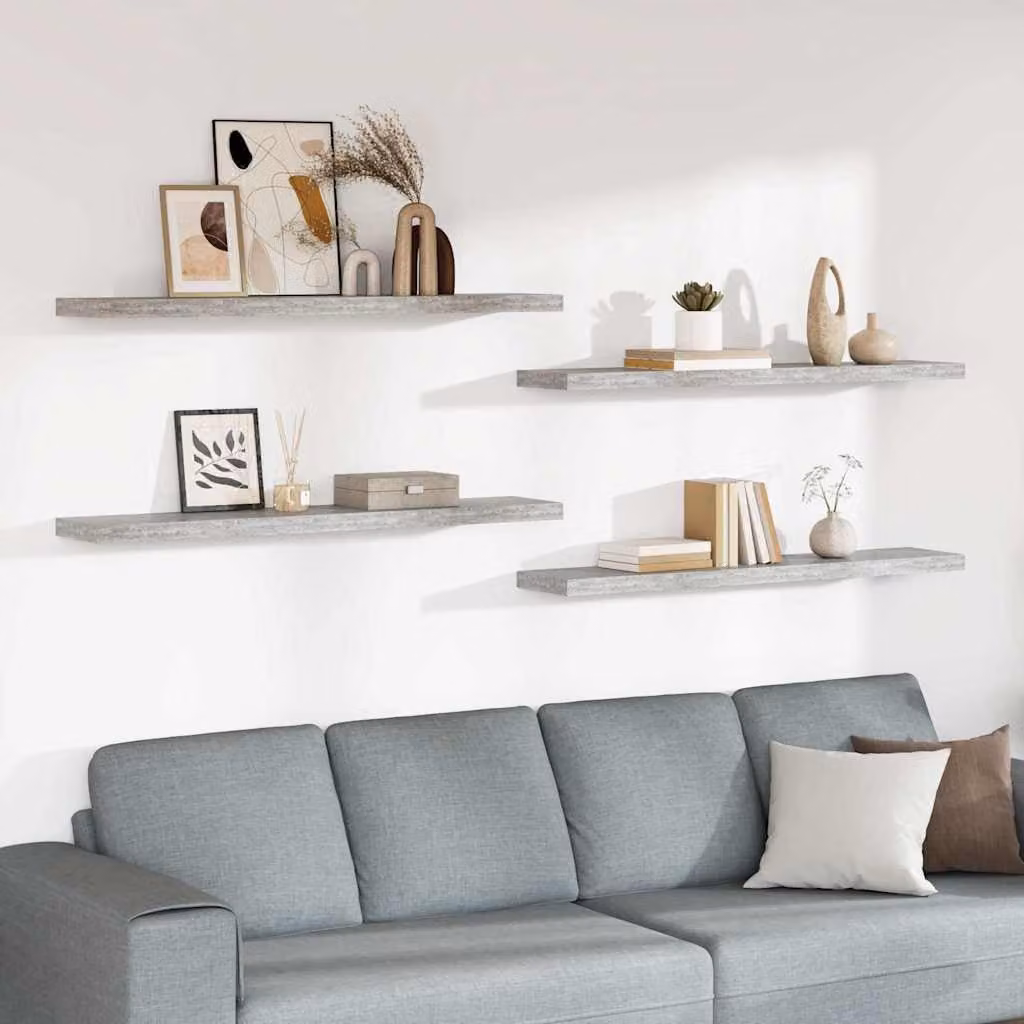 Set di 4 scaffali a parete vidaXL in MDF color grigio cemento, L 120 cm x P 23,5 cm x H 3,8 cm