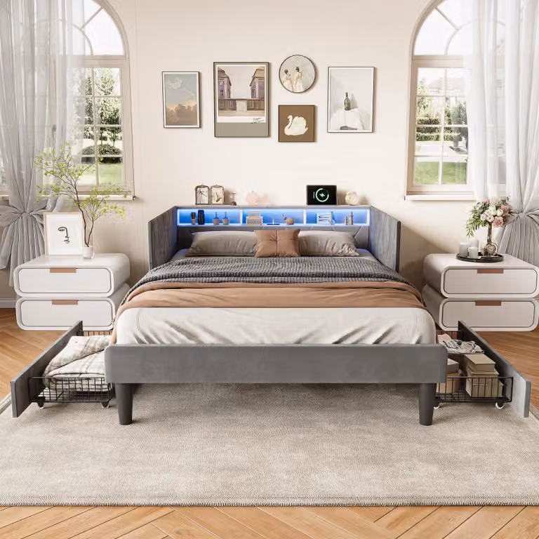 Letto matrimoniale 140 x 200 cm con 2 cassetti, testiera LED e vano contenitore, porta USB e porta di ricarica tipo C, rete a doghe, velluto, grigio