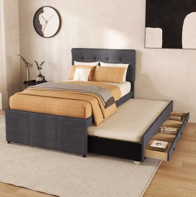 Letto singolo ULEVR 90x200 cm con letto estraibile 90x190 cm, 3 cassetti e testiera regolabile, grigio