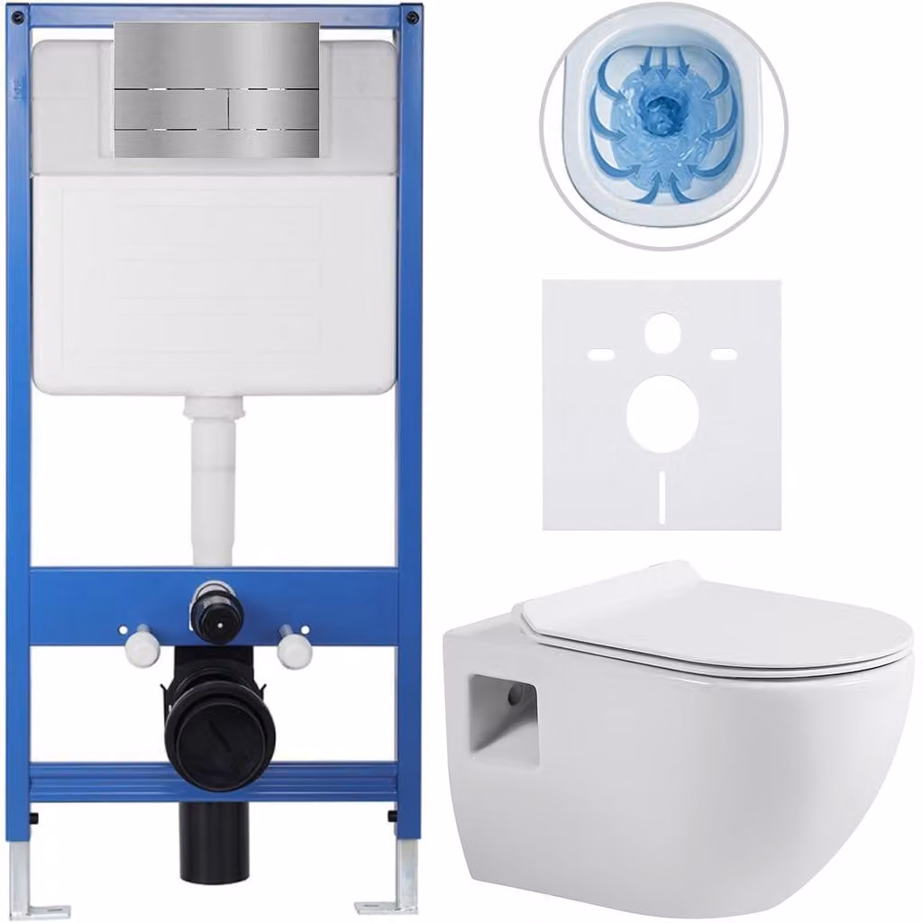 Set completo per WC sospeso Lite/Dure - bianco lucido - pulsante per WC Line, acciaio inossidabile - installazione a parete - 51x35 cm