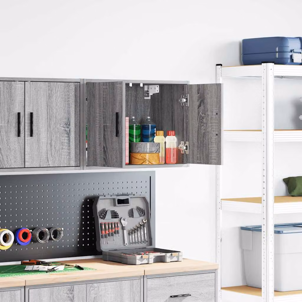Pensile da garage vidaXL in legno grigio con ante a battente e ripiani interni