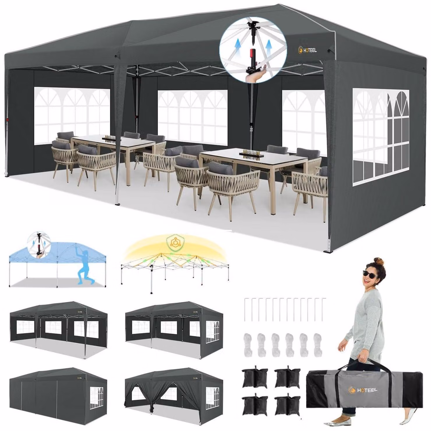 Gazebo da esterno 3x6 metri, grigio, impermeabile, stabile, con pareti laterali