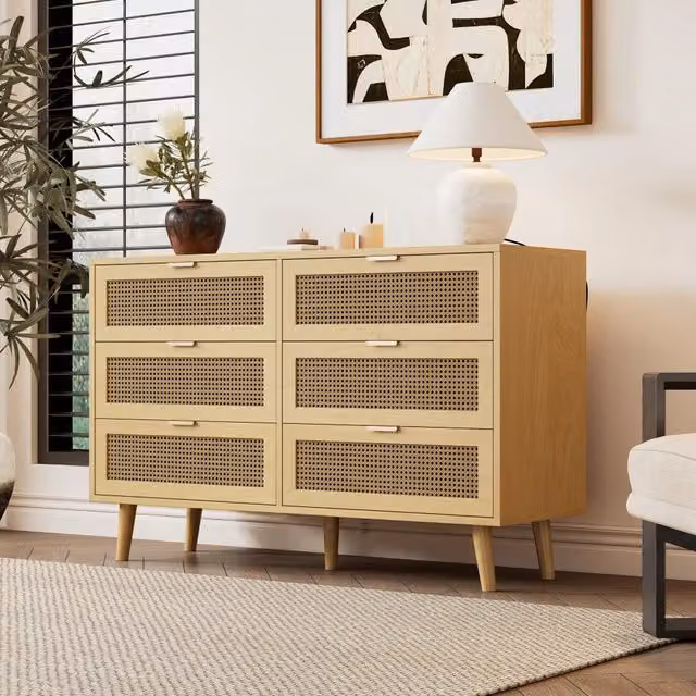 Cassettiera retrò con 6 cassetti e maniglie in metallo per camera da letto, soggiorno, ufficio, 120 × 40 × 76,5 cm