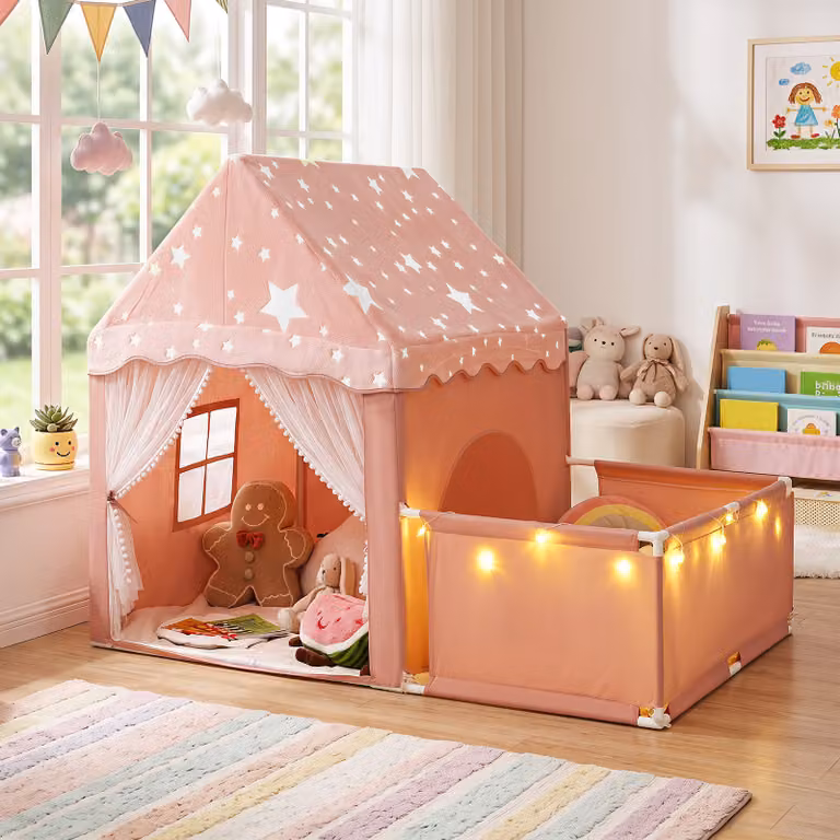 Tenda da gioco 2 in 1 Costway per bambini con recinto e luci a stelle, colore rosso, in cotone